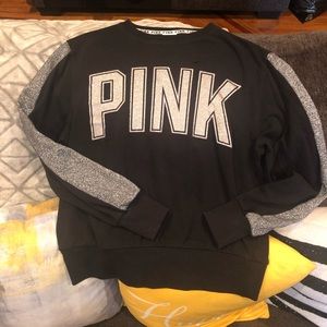 VS Pink black lite weight sweater with glitter writing and sleeves. Sz XS